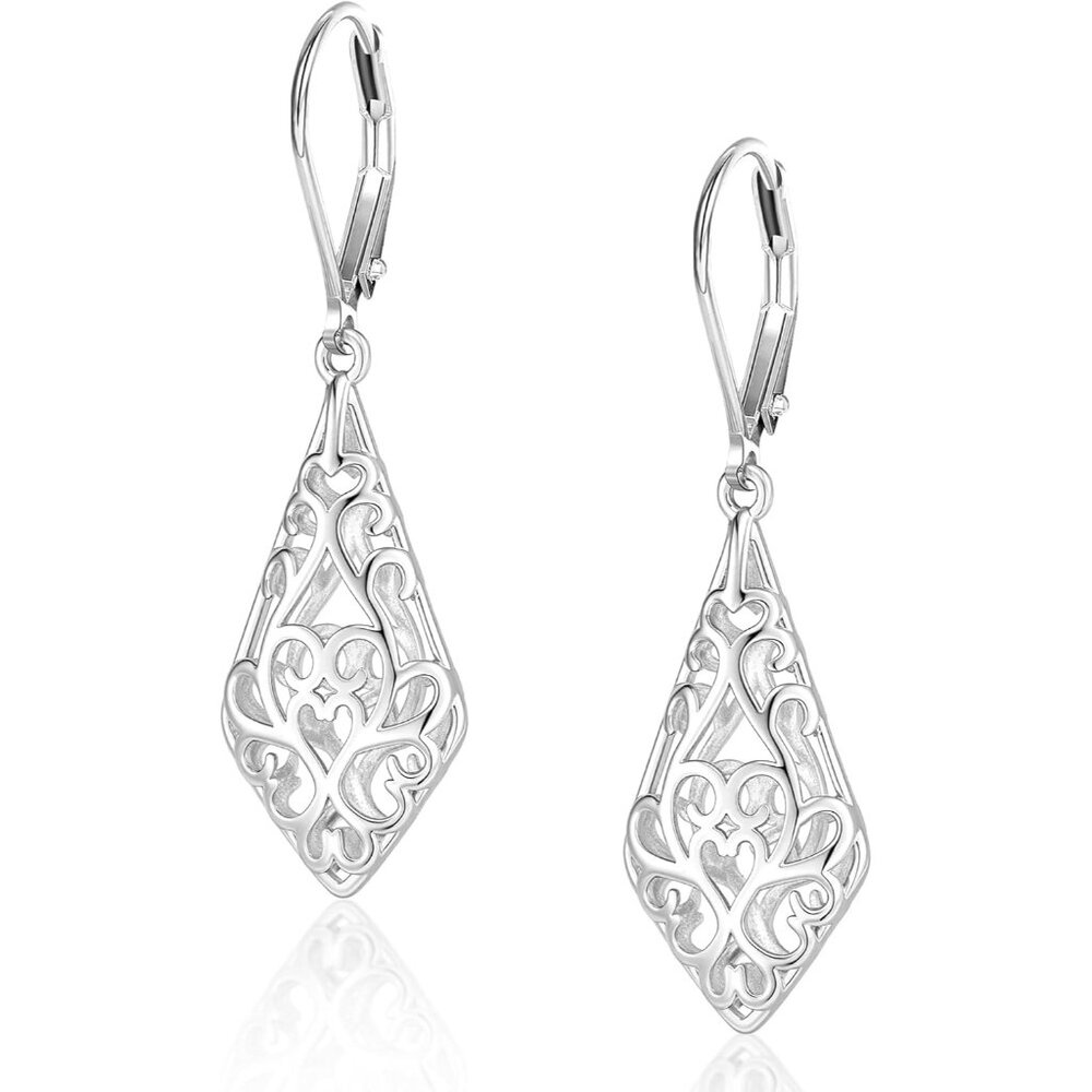 🆕Women's 14K Silver Plated 925 Sterling Filigree Dangling Lever back Earrings